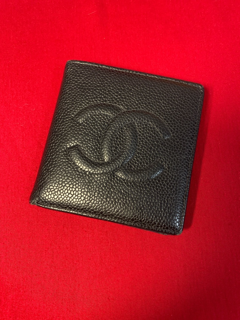 CHANEL Black Caviar Leather CC Embossed Bi-Fold Wallet